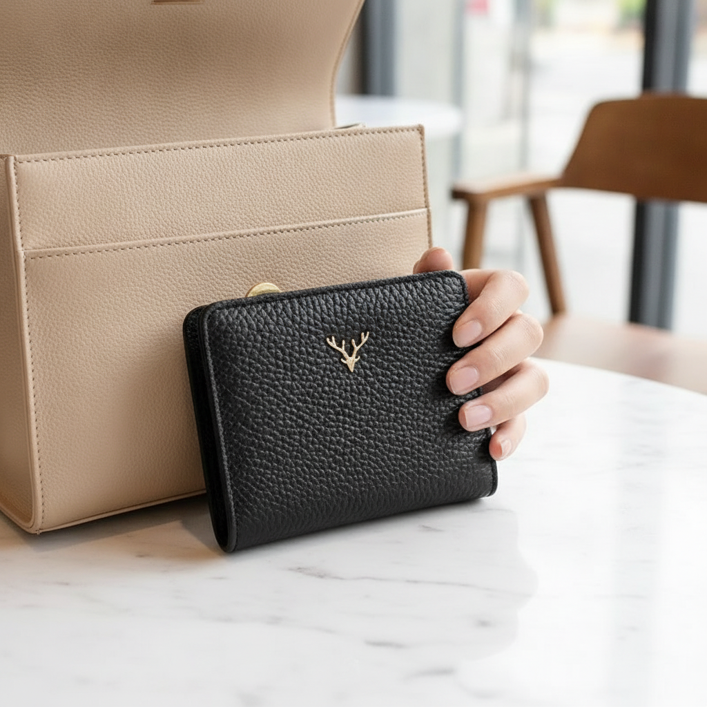 Cartera Corta de Piel de Vaca con Botón de Ciervo