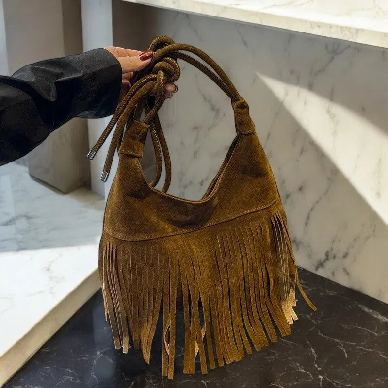 Bolso Flecos Gamuza Elegante Color Caqui