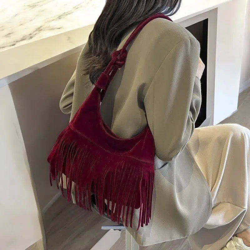 Bolso Flecos Gamuza Elegante Color Vino