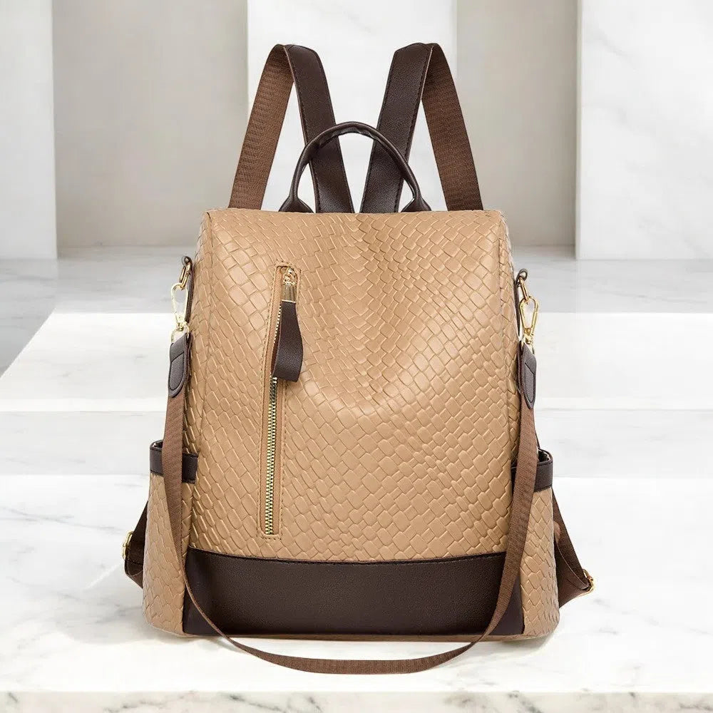 Bolso Mochila Universitaria de Cuero Caqui