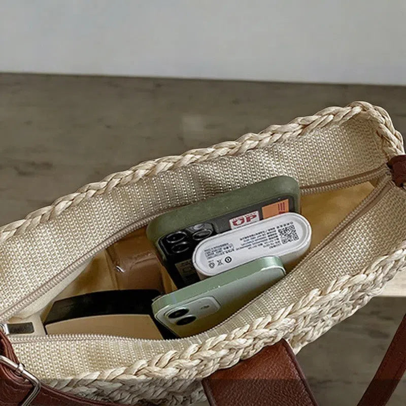 Bolso Rafia Tejido Media Luna Bohemio