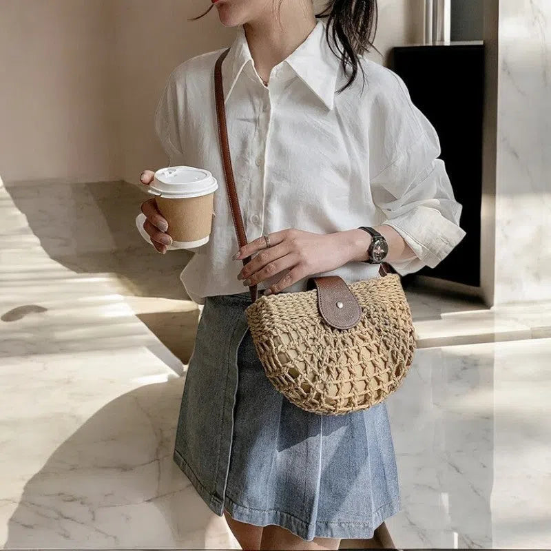 Bolso Rafia Tejido Media Luna Bohemio