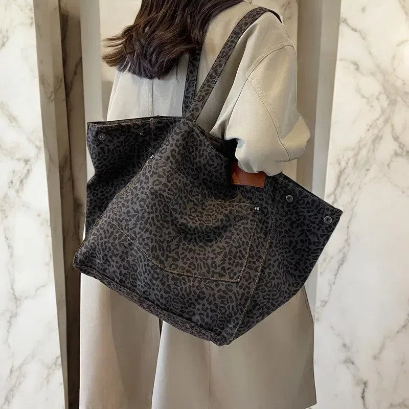 Bolso Shopper de Lona Leopardo Negro