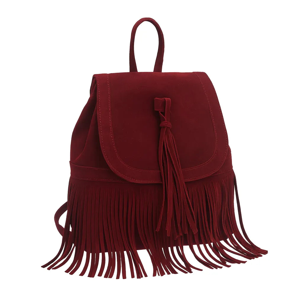 Mochila Color Vino de PU con Flecos – Elegancia Boho y Versatilidad