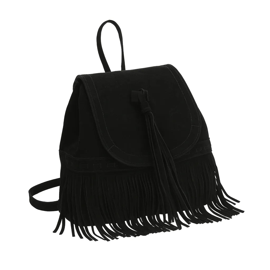 Mochila Negra de PU con Flecos – Estilo Chic, Elegante y Versátil