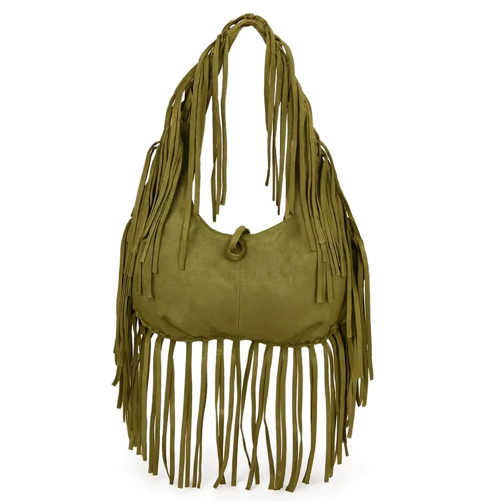 Bolso Flecos Half Moon de Gamuza Sintética – Elegancia y Versatilidad