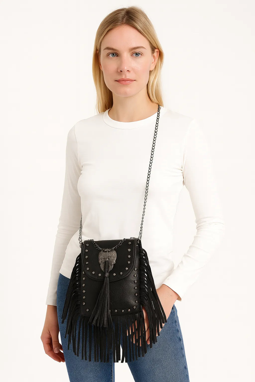 Bolso para Móvil de PU con Cadenas y Flecos – Estilo Vintage Punk Chic