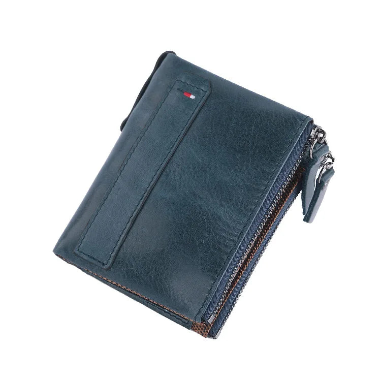 Cartera Vintage de Piel de Vaca con Doble Cremallera - Azul