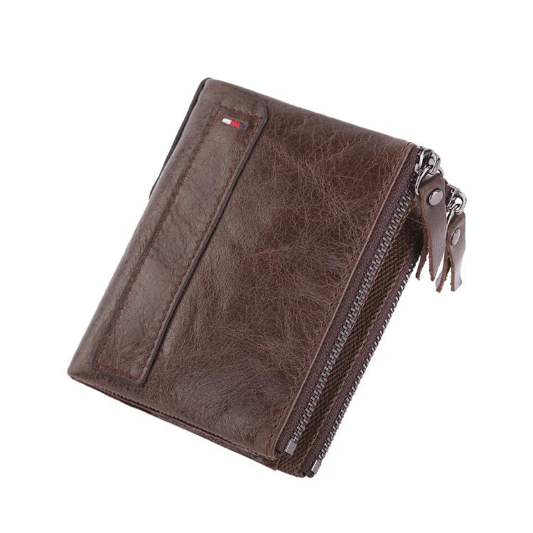 Cartera Vintage de Piel de Vaca con Doble Cremallera - Café
