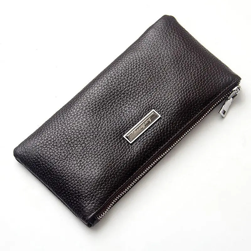 Cartera Larga Fina de Piel de Vaca con Cremallera para Hombre - Café
