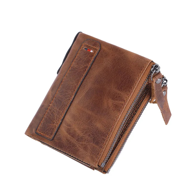 Cartera Vintage de Piel de Vaca con Doble Cremallera - Marrón oscuro