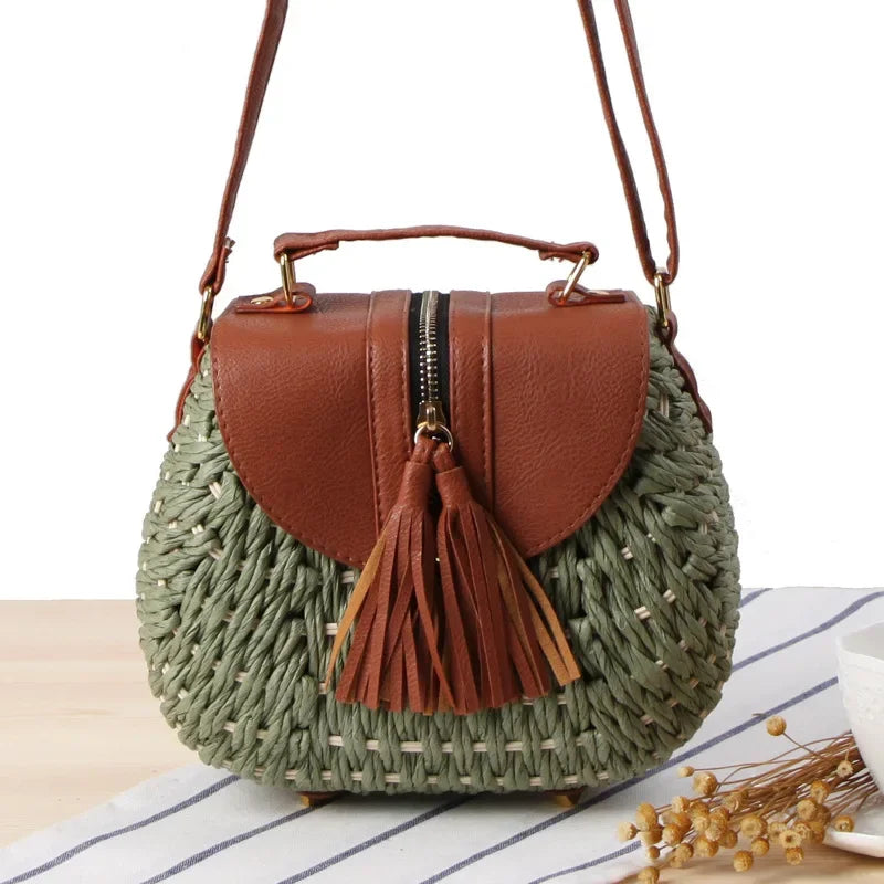 Bolso Bandolera de Rafia Tejida con Flecos para Mujer
