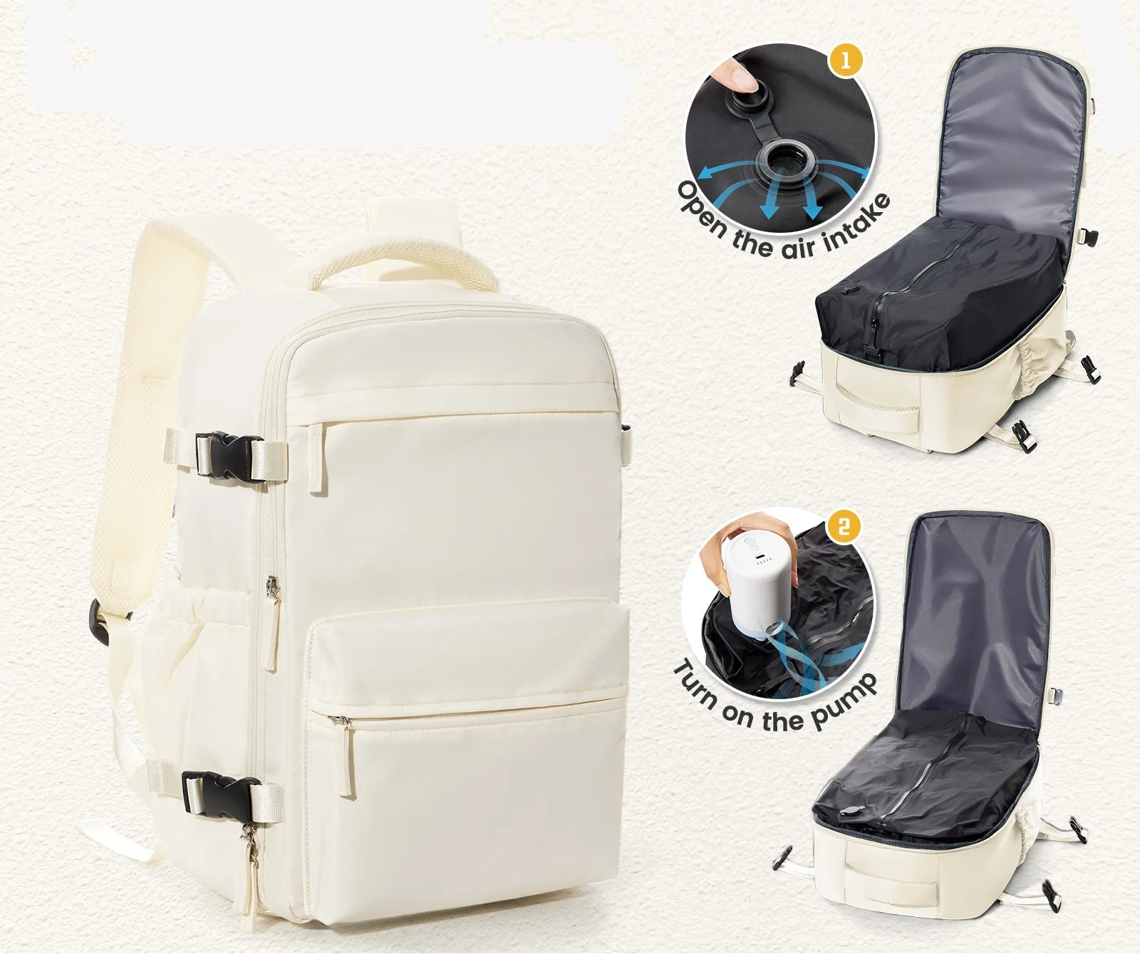 Mochila Likros de Compresión al Vacío Beige – Minimalismo, Orden y Viaje Eficiente