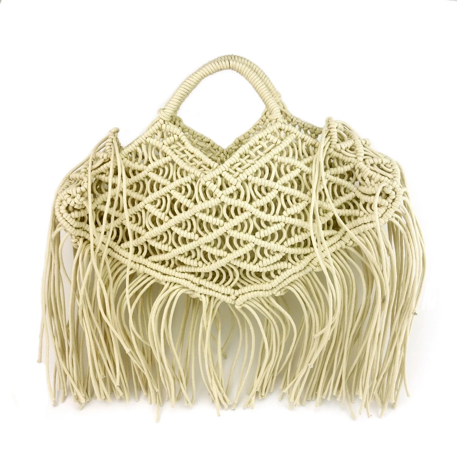 Bali White Tote Bag – Handcrafted Openwork Straw, Tassels and Boho Chic Style