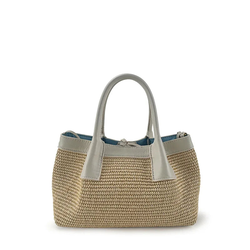 White Raffia and Leather Handbag – Reversible Elegance for Summer