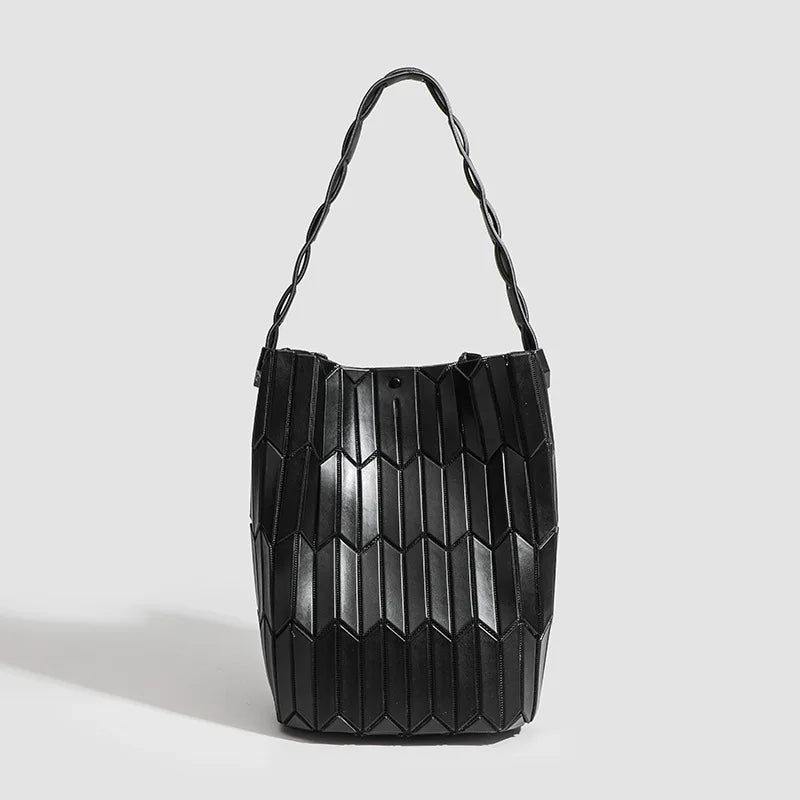 Black Geometric PVC Bucket Bag – Modern Elegance