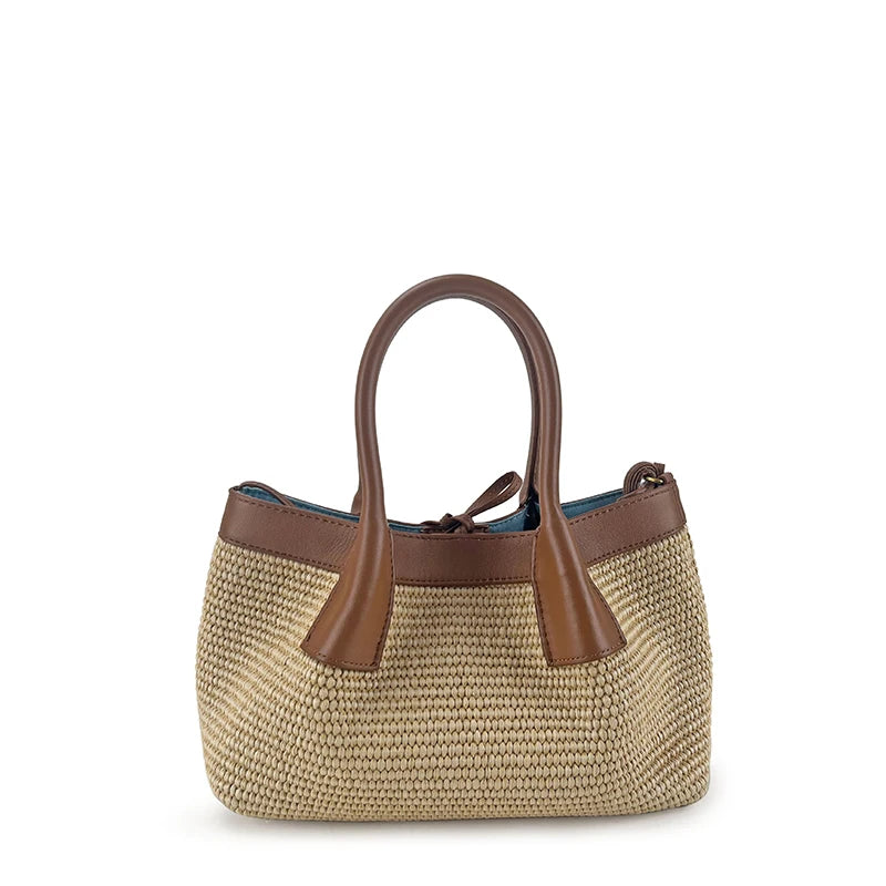 Bolso Tote de Rafia Caramelo y Piel – Estilo Reversible y Elegancia Natural