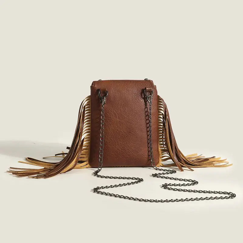 Bolso para Móvil de PU con Cadenas y Flecos – Estilo Vintage Punk Chic