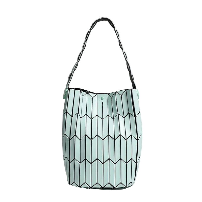 Green PVC Geometric Bucket Bag – Modern and Versatile Design