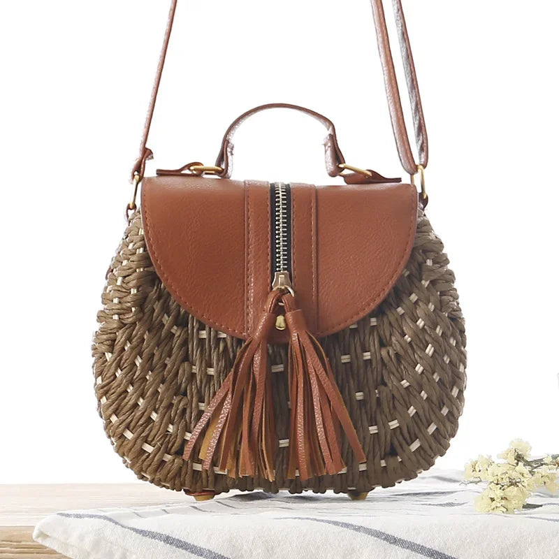 Bolso Bandolera de Rafia Tejida con Flecos para Mujer