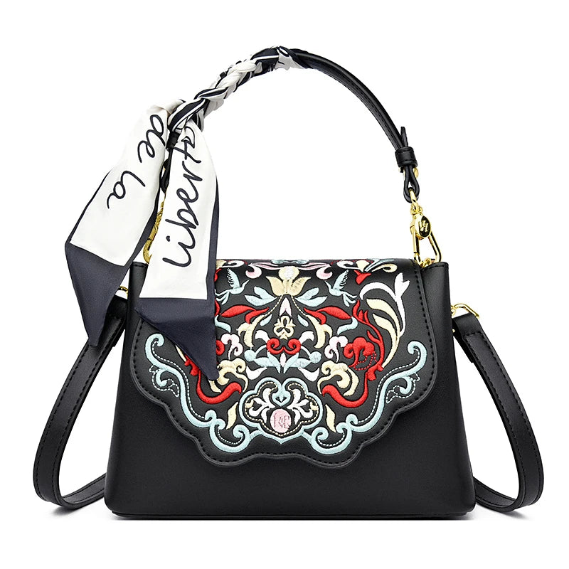 Bolso Tote pequeño de PU con bordados florales y pañuelo chic
