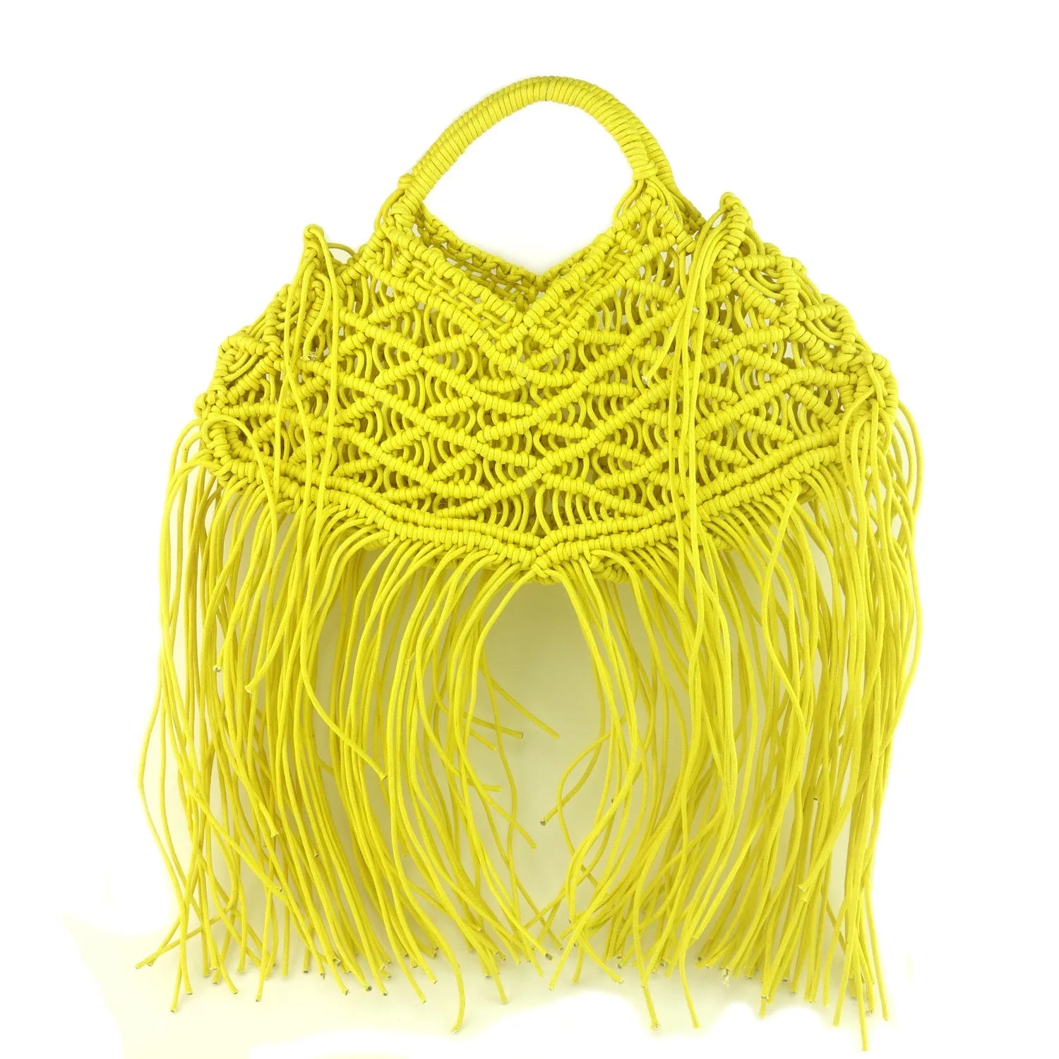Yellow Bali Tote Bag - Artisan Cutout Straw and Boho Style with Tassels