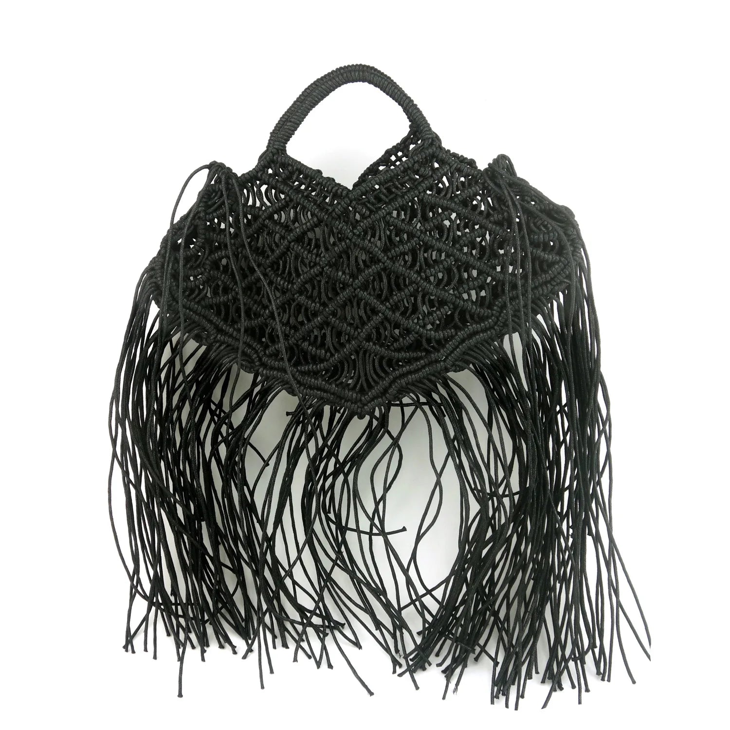 Black Bali Tote Bag – Openwork Straw Design with Tassels and Urban Boho Style