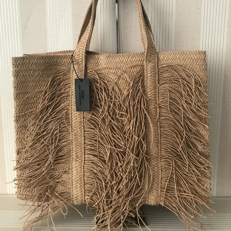 Woven Straw Satchel Bag – Boho Chic Style with Tassels and Premium Organization