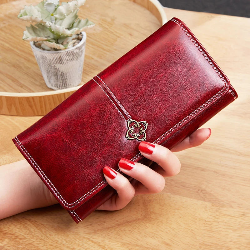 Cartera Larga Elegante Efecto Piel Encerada para Mujer - Rojo vino