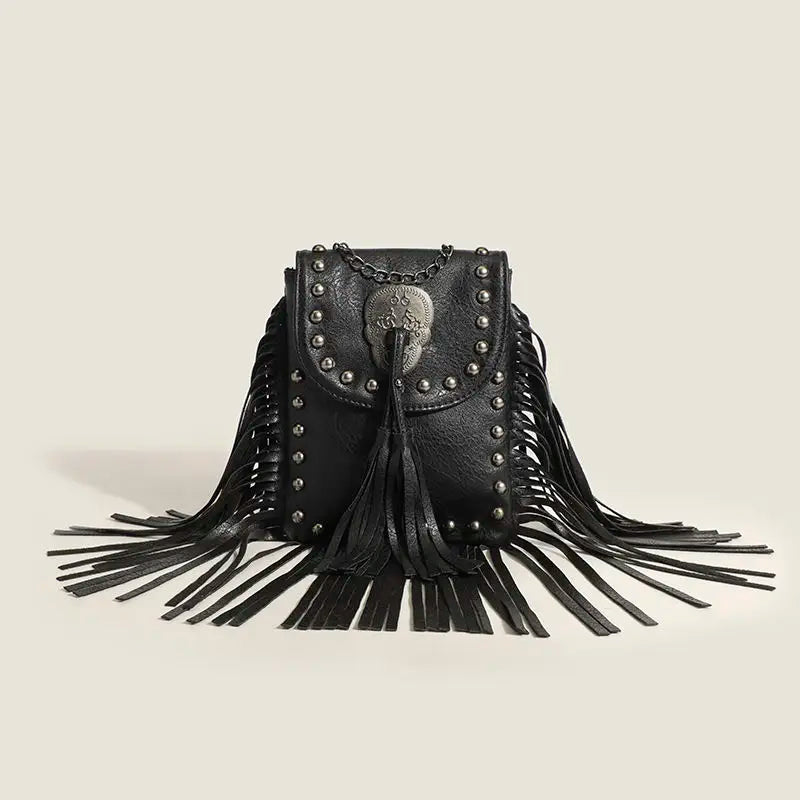 Bolso para Móvil de PU con Cadenas y Flecos – Estilo Vintage Punk Chic