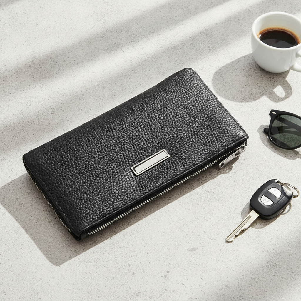 Cartera Larga Fina de Piel de Vaca con Cremallera para Hombre