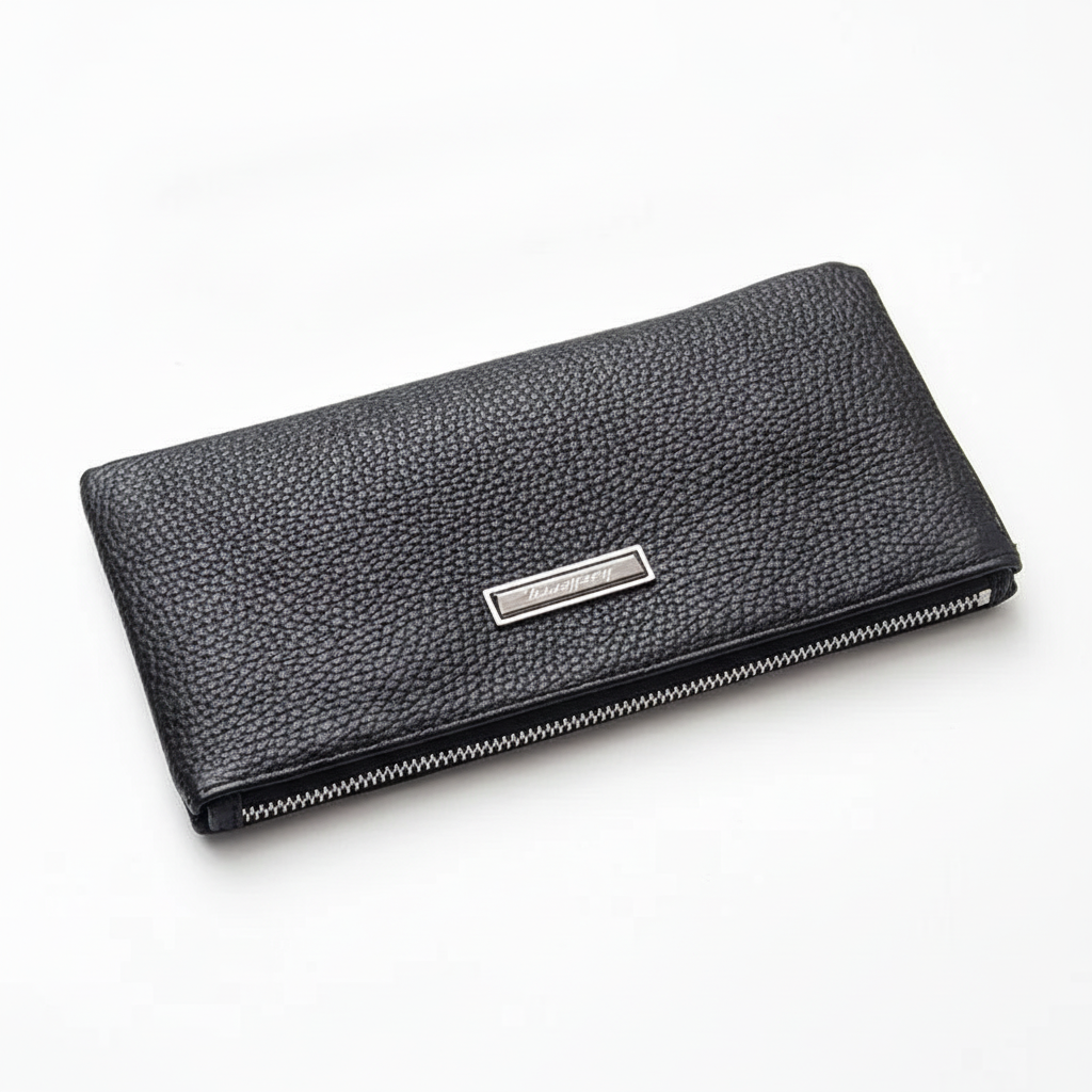 Cartera Larga Fina de Piel de Vaca con Cremallera para Hombre