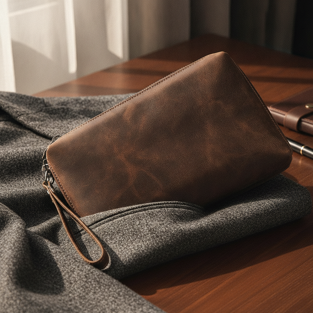 Cartera de Mano Vintage de Piel Genuina para Hombre