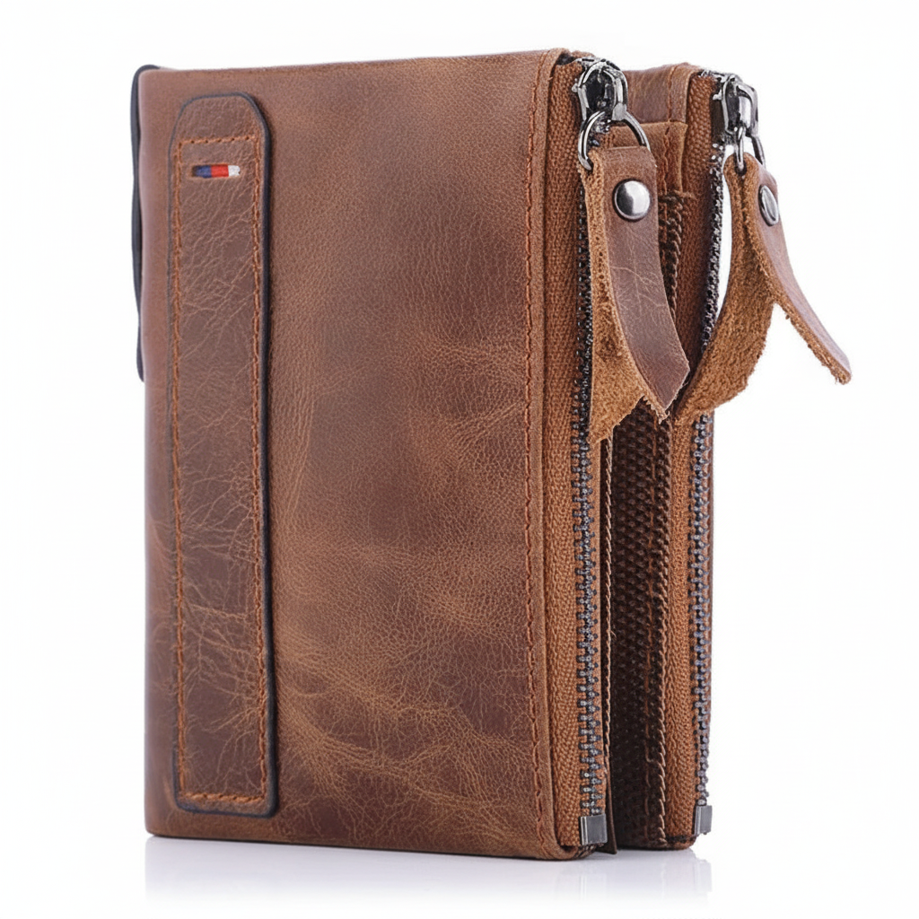 Cartera Vintage de Piel de Vaca con Doble Cremallera