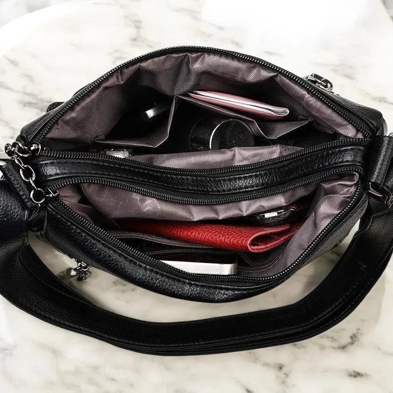 Bolso Bandolera de Cuero de Cierres Múltiples