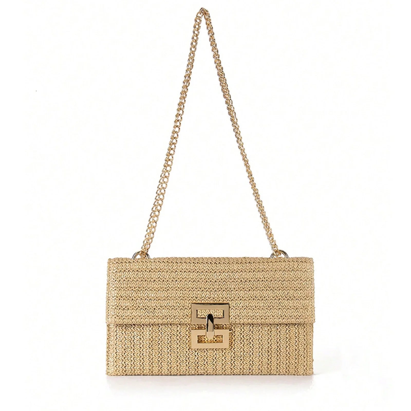 Bolso Clutch de Paja con Cadena Elegante