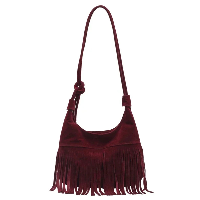 Bolso Flecos Gamuza Elegante Color Vino