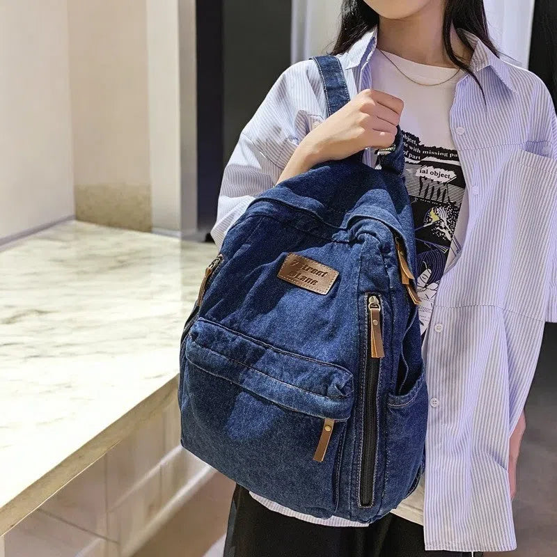 Bolso Mochila Denim con Cierres Laterales Azul Oscuro