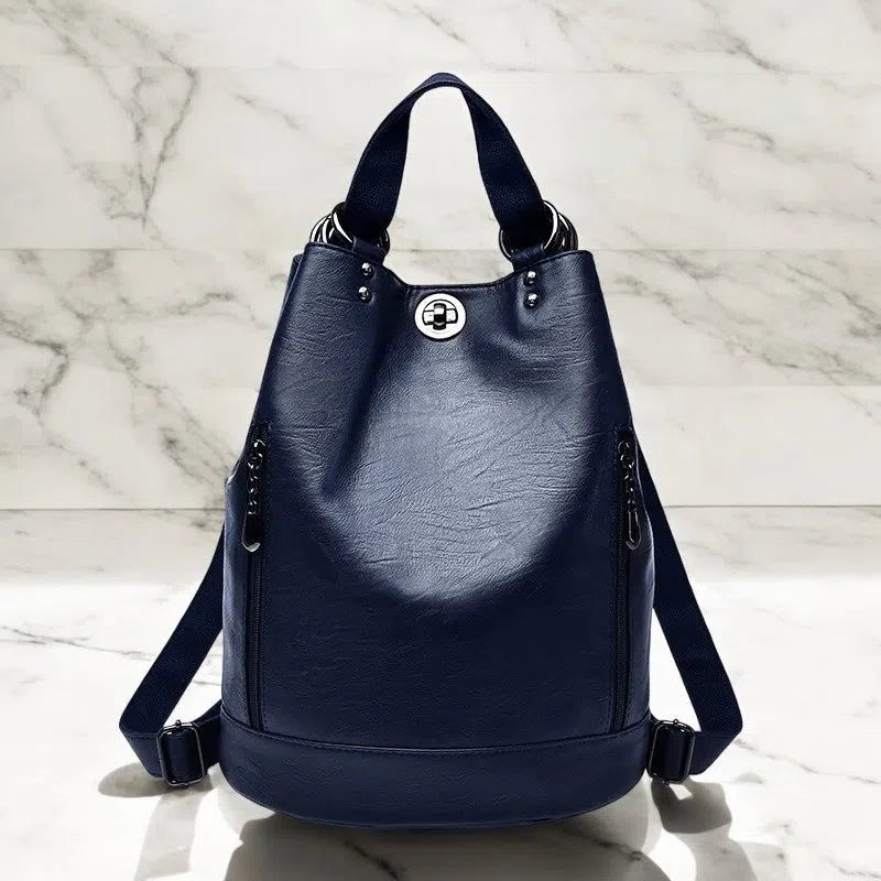 Bolso Mochila de Cuero Auténtico Azul