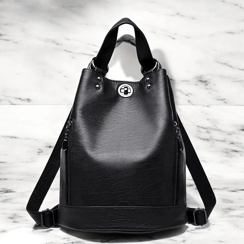 Bolso Mochila de Cuero Auténtico Negro