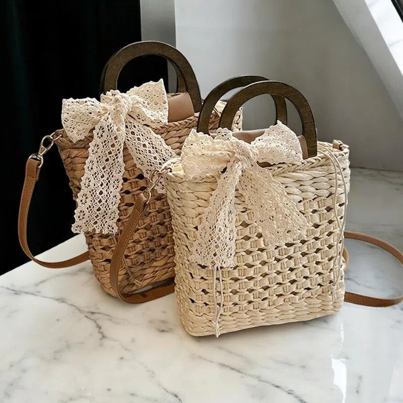Bolso Rafia Bucket con Asas de Madera y Moño