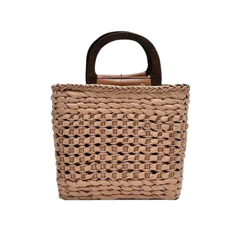 Bolso Rafia Bucket con Asas de Madera