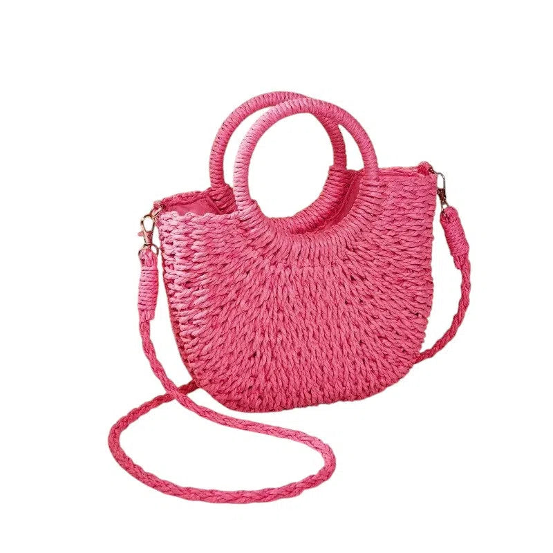 Bolso Rafia Media Luna Rosa Fucsia