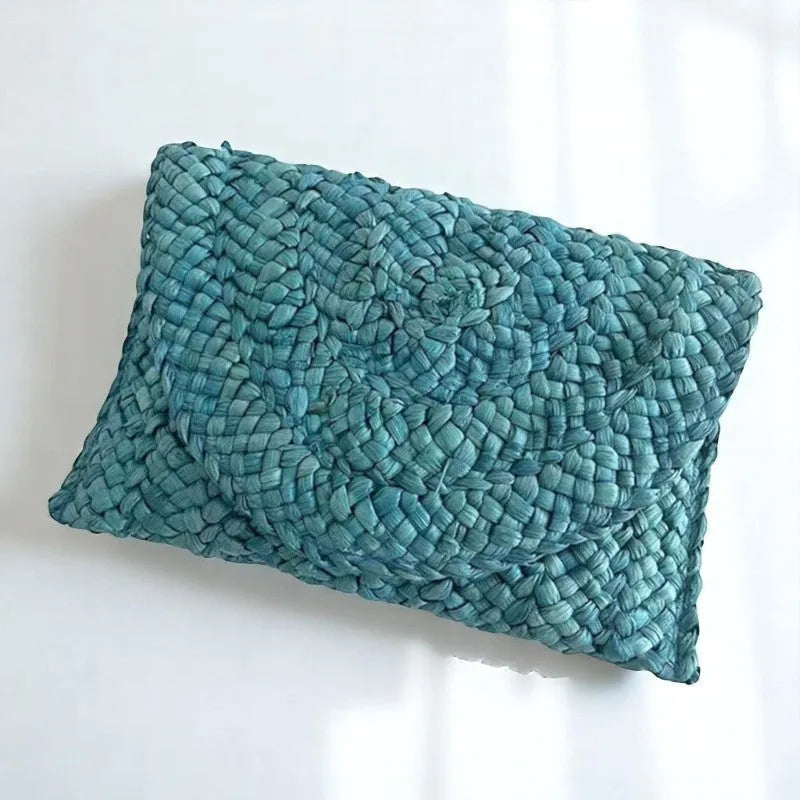 Bolso de Paja Natural Estilo Flap Azul Turquesa