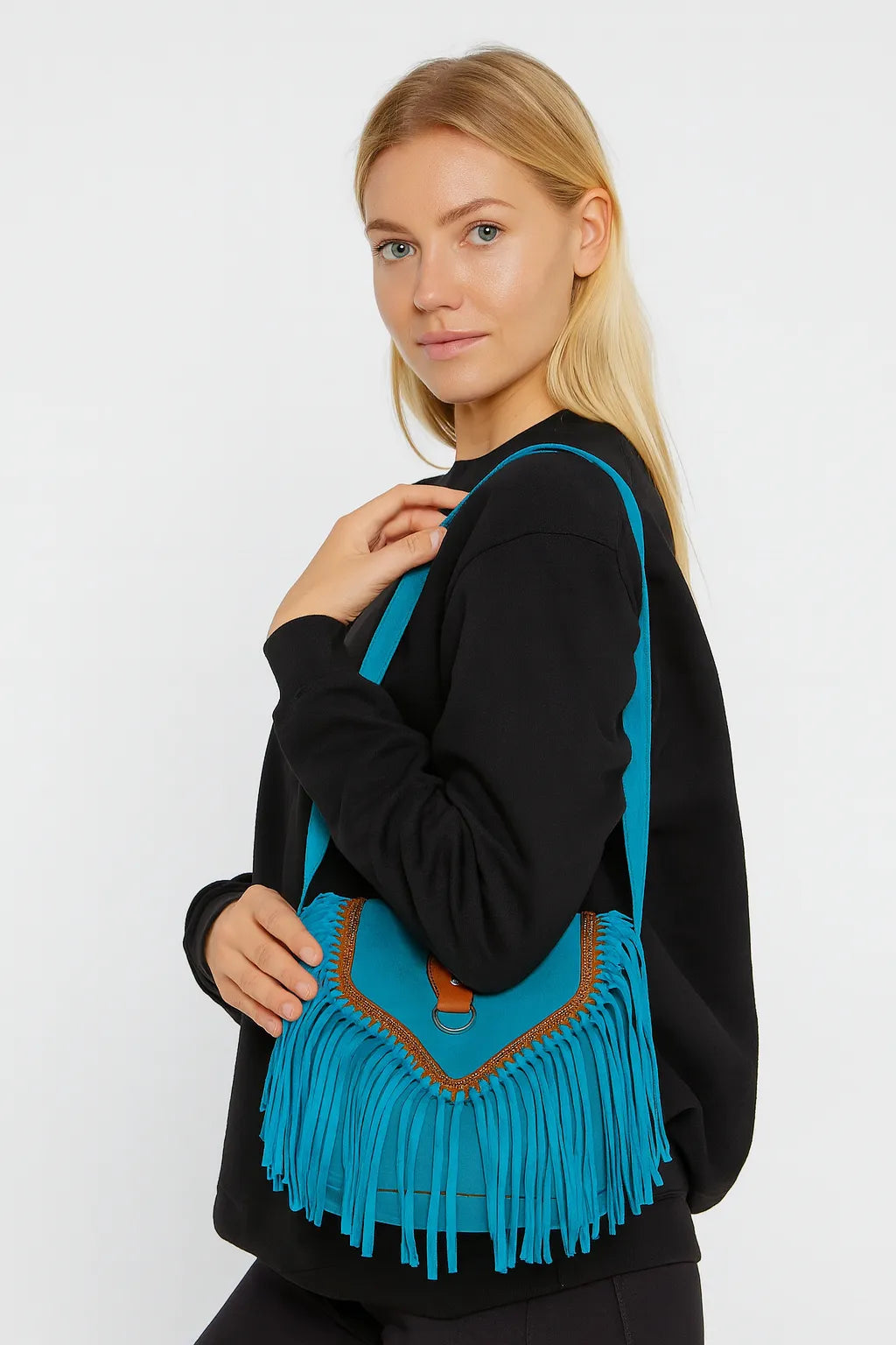 Bolso Boho Azul con Flecos Tipo Saddle – Estilo Vintage y Chic