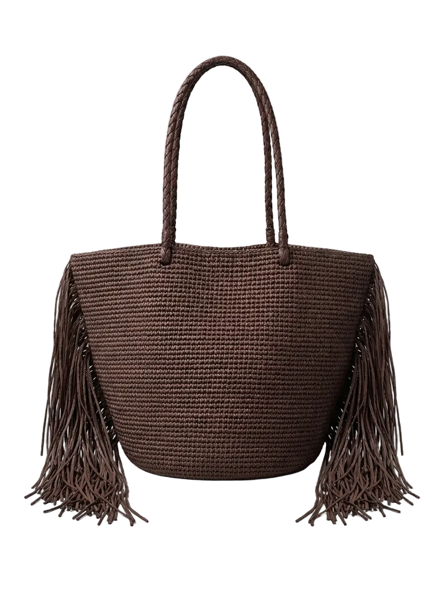 XL Woven Straw Tote Bag – Design with Side Fringes and Boho Chic Style