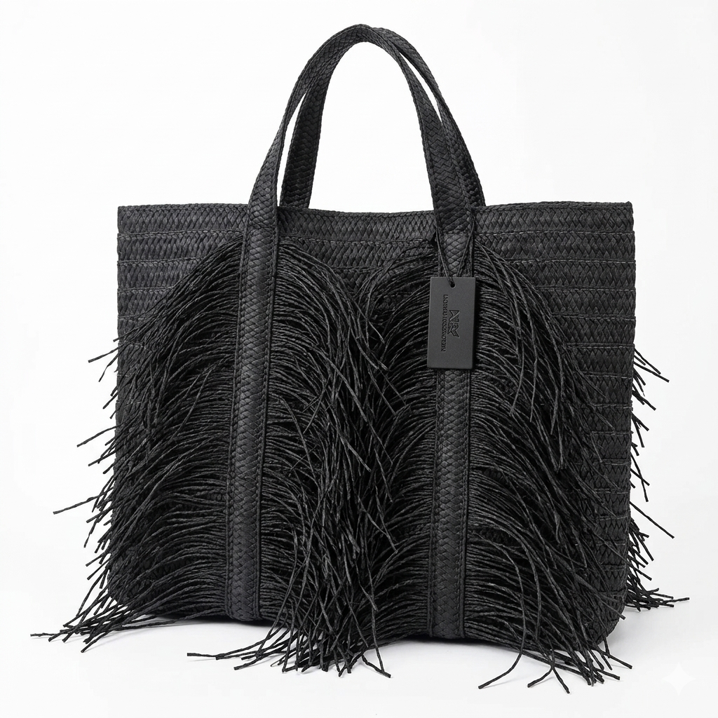 Black Straw Satchel Bag – Boho Elegance with Tassel Details and Great Organization