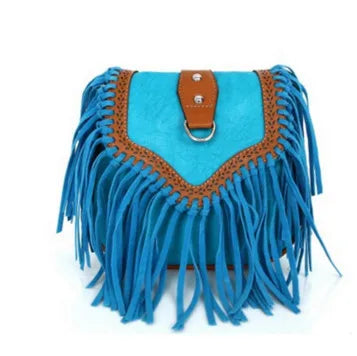 Bolso Boho Azul con Flecos Tipo Saddle – Estilo Vintage y Chic