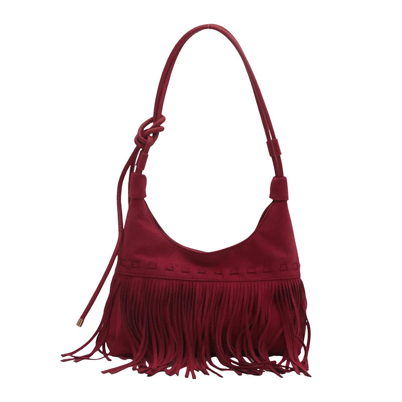Bolso Tote Vino con Flecos en Gamuza Sintética – Boho Chic Sofisticado