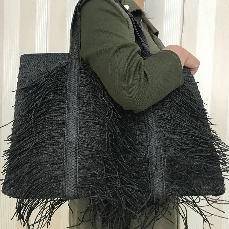 Black Straw Satchel Bag – Boho Elegance with Tassel Details and Great Organization